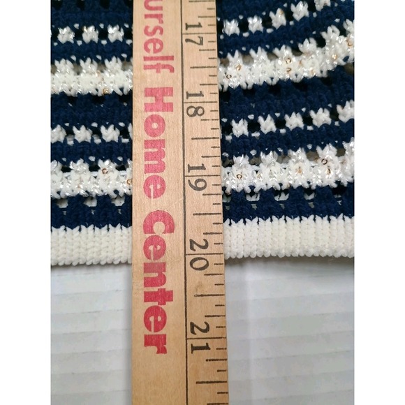 Joie Blue White Stripe Open Knit Sweater Boxy Short Sleeve Medium - Picture 7 of 9